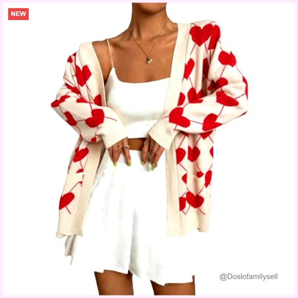 Heart Print Cardigan Open Front Knit Sweater Oversized Chic Valentine Love - Picture 2 of 7